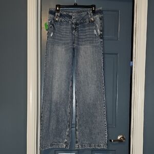 Sincerely Jules Blue Flare Jean RETRO size 7 Waist 28 Distress Frayed Women Wide